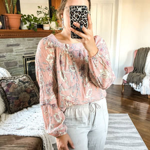 LAUREN CONRAD | Women's Medium Gingham Floral Long Sleeved Blouse Square Neck